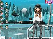 Fashion screenshot from the free online dress-up game Winter Lake Holiday, showing a girl in a stylish winter outfit next to a snowy lake cabin.