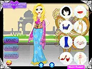 Cute Indian girl model wearing a traditional, colorful sari and heavy jewelry in the free online Indian Dress-Up game