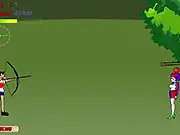 Clown Ranger game screen showing a character with a bow and arrow aiming at a large target clown with an apple on its head.