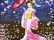 The Geisha Diary game screenshot showing a geisha standing amidst cherry blossoms and snow, wearing a traditional kimono. Free online Japanese dress-up game.
