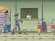 Gameplay screenshot from Zombie Society: Dead Detective showing the two zombie main characters, Margh and Ghvnn, standing in a spooky, abandoned room with a visible clue on a table.