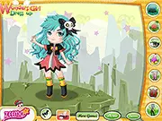 Wonders Girl Dress Up game screenshot showing the warrior princess character wearing a unique fantasy outfit on PlayArcadeHub.