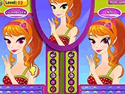 Screenshot of Faster Makeup Challenge online game showing three models and the player trying to match the center model's makeup and jewelry.