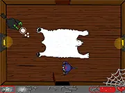 Screenshot of Rob's Cabin Quest game showing the main character fighting a monster with a weapon in a dark forest near a cabin, free Halloween adventure game