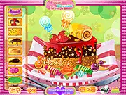 Screenshot of Fudge Brownie Design game showing a decorated fudge brownie topped with fruits and chocolate on an elegant plate with cutlery.