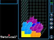 Screenshot of Tetrical, a 3D puzzle game where multi-block shapes (polycubes) are stacked into a large transparent well to clear layers.