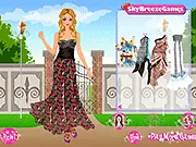 A woman wearing a beautiful, flowing, floral print Bohemian dress and accessories in the free online dress up game Bohemian Dresses