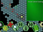 Screenshot of the Space Creeps game showing a dark, minimalist grid-based map with small, geometric defense towers and red enemy paths.