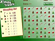 Xmas Treats game screenshot showing various Christmas candies and treats (gingerbread, candy canes) stacked on a puzzle board.