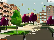 Screenshot from The Hunters showing a player aiming a weapon at a swarm of colorful, unidentified parrots flying over a city landscape. Play free online action-shooter game.