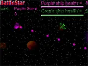 Screenshot of BattleStar 2.0 game showing two small spaceships firing at each other near a planet and asteroids.