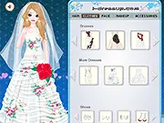 Screenshot of the Blossom Wedding Gowns game showing a beautiful bride model in a white wedding dress, surrounded by options for various gowns, veils, and floral accessories.
