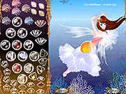 Screenshot of the free online game Mermaid Iniss Dress Up showing a beautiful mermaid with a long, flowing tail and sparkling accessories in an underwater scene.