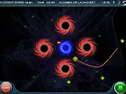 Screenshot of the Atom Ator online puzzle game showing a proton, an electron, a black hole, and the wormhole on a grid, representing the strategic, physics-based gameplay.