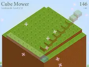 The grid-based gameplay screen of the Cube Mower online game, showing cubes of different heights and the highlighted paths a player can take to mow the grass blocks.