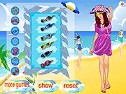 Fashion screenshot from the online game Best Swimsuit Dress Up showing a girl model in a stylish bikini and sunglasses on a sunny beach background.
