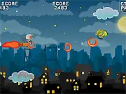 Unfriendly Skies game screenshot; mad scientist flying a rocket bicycle in the air; play free online steampunk game