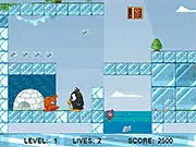 Popsy the Penguin jumping on a Yeti in an icy 2D environment, collecting fish in a free online platformer game