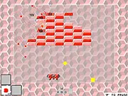 Screenshot of Red Ship game showing a red spacecraft firing multiple projectiles at rows of colored bricks
