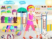 The dressing room interface of Penny Scooter Dressup, showing the girl Penny standing next to various clothing items, shoes, and accessories for the player to drag and drop.