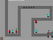 Screenshot of The Tower Defence game showing a simple map with enemy units moving along a path and several defensive towers placed to attack them. Play free online.