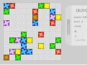 Quix+ game screenshot, playing a fast-paced color-matching puzzle game online, grouping colored blocks into squares.