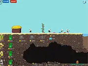Castle Woodwarf free online strategy game image: dwarf settlement showing workers collecting wood and fishing near the castle.