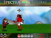 Screenshot of the Spectral Samurai game showing a samurai character preparing to slice an incoming spectral enemy that displays a directional arrow or colored letter key prompt. Play free online.