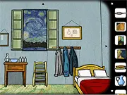 A surreal point-and-click screen from Cube Escape: Arles, showing a cube-shaped bedroom based on Van Gogh's painting, filled with strange objects and puzzles.