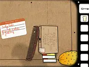 A surreal point-and-click screenshot showing a parrot named Harvey trapped inside a wooden box with various objects and clues for the puzzle game Cube Escape: Harvey's Box.