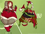 Holly's Christmas Dress Up game image showing a girl in a festive red and white winter outfit with a holiday background.