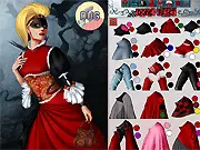 Marlen, an alternative model, wearing a dramatic gothic and steampunk outfit with a stylish corset and gear accessories in the Marlen Dress-Up game
