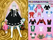 Drama Lolita Dress Up game character wearing an ornate Gothic Lolita gown with lace and ruffles, Japanese fashion game