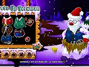 Screenshot of the free online game Dress Up Snowman showing a smiling snowman decorated with a colorful scarf, hat, and carrot nose in a snowy background.