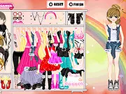 A screenshot of the Cool Girl Summer Fashion game showing a young woman surrounded by a large wardrobe of colorful summer dresses, tops, and accessories.