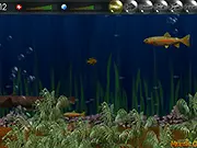The colorful underwater screen of the IA Fish online game, showing a small blue fish chasing tiny fish to eat while dodging a much larger, dangerous fish.