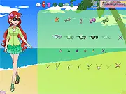 Screenshot of Modern Sea Princess Dress-Up online game showing a stylish princess character wearing a green top and purple skirt on a beach