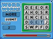 Gameplay screenshot of the free online word game WordWorks showing a grid of letters and a high score box, emphasizing the fast-paced nature.