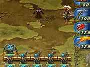 A battle scene from the tower defense game Dictator Defense, showing turrets firing on enemy soldier units