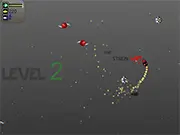 Screenshot of Crystal Crunch, showing a small rocket flying through space to collect glowing blue crystals while avoiding hostile ships.