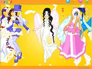 Screenshot of Heaven Girl Dressup game showing a beautiful girl character wearing a long white angelic dress and large feathery wings with a halo