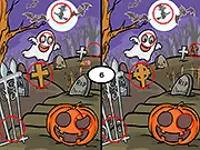 Halloween Spot the Difference free online game screenshot showing two spooky, side-by-side images with subtle differences to find