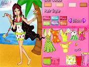 Winx Summer Dress Up game character getting ready for the beach, showing various summer outfits and accessories.