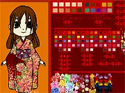 Kimono Maker 2 game screenshot showing a girl wearing a gorgeous, custom-designed traditional Japanese kimono and makeup