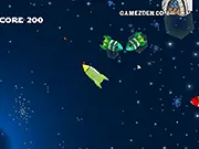 Gameplay screenshot of Out of Planet, a free online spaceship shooter game with the player's ship firing at incoming enemies
