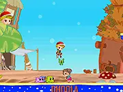Gameplay screenshot of the free online game Toon Adventures showing the two characters, Jessi and John, jumping together on a colorful platform