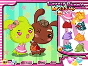 Screenshot of the game Lovely Bunny Dress Up showing an adorable bunny wearing a funny, colorful outfit