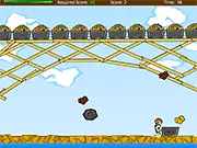 Screenshot of the Salo: Mineral Rush online game showing a miner character, Arsenio, holding a basket to catch various colored precious minerals falling from a mining camp.