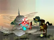 3D screenshot of the Nimian Hunter game character riding a horse in a dark fantasy landscape with a lasso, pursuing a flying ethereal creature.