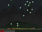 Screenshot of Infection Ascension, showing a pixelated scene of a character on the ground shooting upwards at numerous tiny zombies descending by parachute.